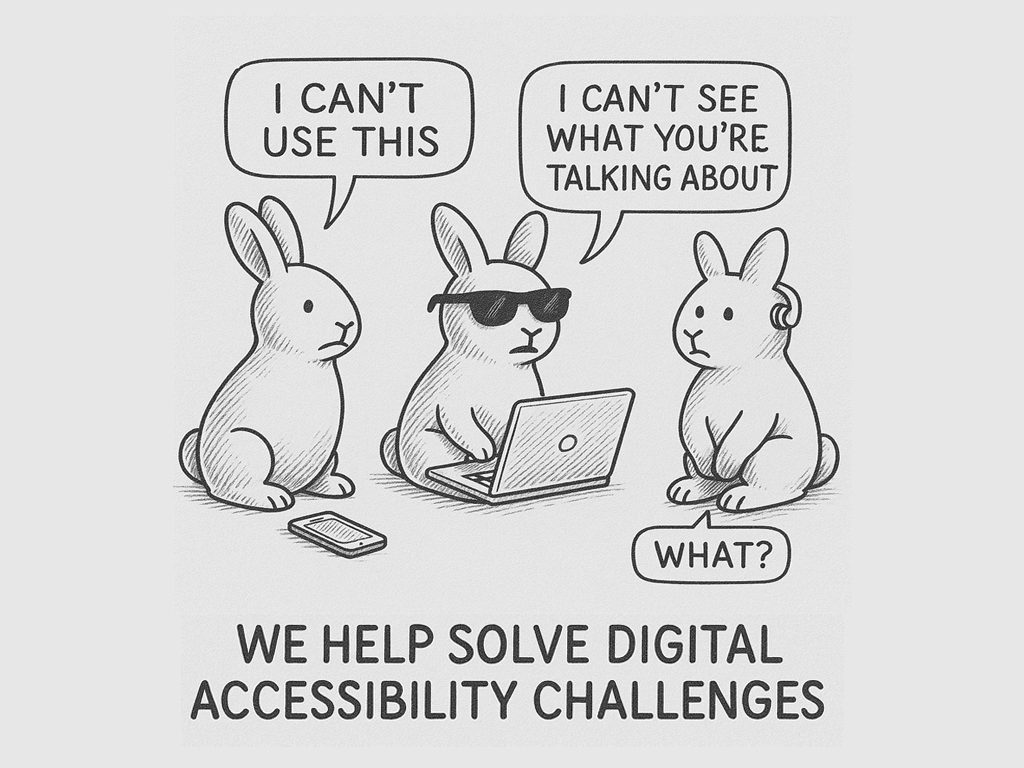 Illustration of three bunnies representing accessibility: see no evil, hear no evil, speak no evil, symbolising the importance of addressing visual, auditory, and communication barriers in digital accessibility.